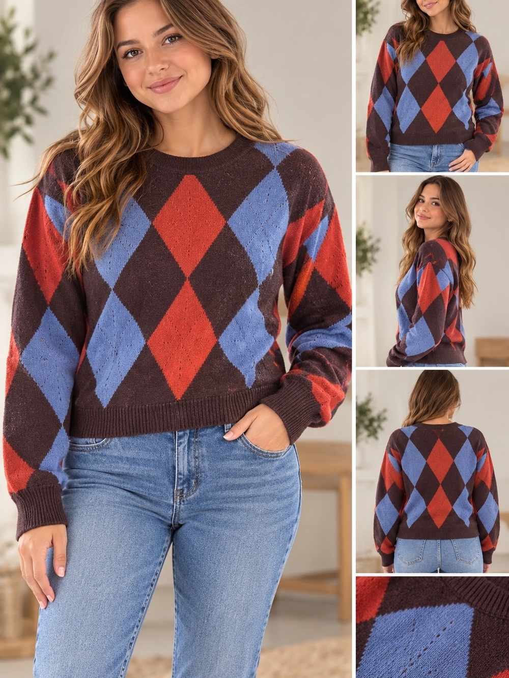Argyle Crewneck Sweater in Brown, Red & Blue